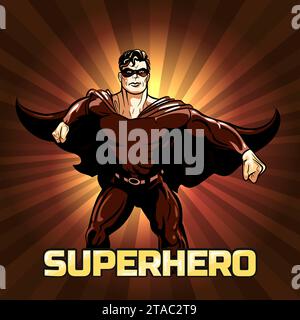 Superhero Posing on The Sunburst Background. hand drawn vector illustration Stock Vector