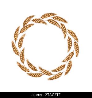 Watercolor illustration of a wreath made of ripe ears of wheat and dried leaves. Round frame of cobs isolated on white background. For menus, banners, Stock Photo