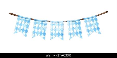 Watercolor illustration of a traditional Bavarian flag. Pattern white and blue diamonds garland elements isolated on white background. Composition for Stock Photo