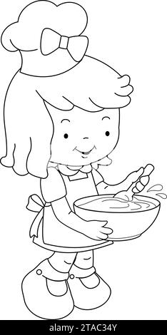 Little girl chef cooking in the kitchen. Little child cook baking at home. Vector black and white coloring page. Stock Vector