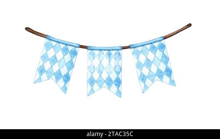 Watercolor illustration of a traditional Bavarian flag. Pattern white and blue diamonds garland elements isolated on white background. Composition for Stock Photo