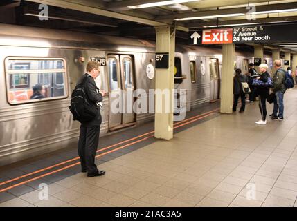 New York, USA - June 8, 2018: People on subway platform waiting for the train in New York. Stock Photo