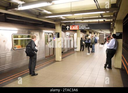 New York, USA - June 8, 2018: People on subway platform waiting for the train in New York. Stock Photo