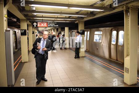 New York, USA - June 8, 2018: People on subway platform waiting for the train in New York. Stock Photo