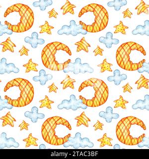 Watercolor illustration childish pattern of orange stars, moon and blue clouds isolated on white background. Design concept for poster, card, banner, Stock Photo