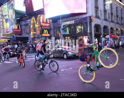 New York, USA - May 26, 2018: Guys on bikes at the Times Square in New York. Stock Photo