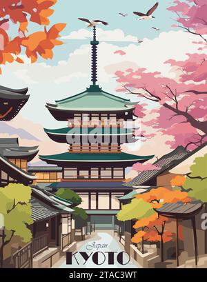 Kyoto, Japan Travel Poster in retro style.  Stock Vector