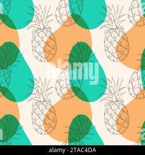 Pattern with pineapples contour hand drawing on background of colored spots. Summer seamless pattern. Vector illustration Stock Vector