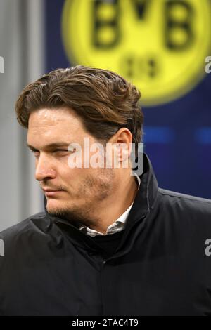 Edin Terzic, head coach of Borussia Dortmund looks on during the Uefa Champions League match beetween Ac Milan and Borussia Dortmund at Stadio Giuseppe Meazza on November 28, 2023 in Milano, Italy . Stock Photo