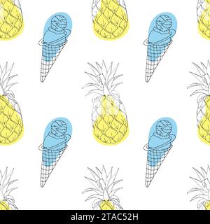 Ice cream and pineapples pattern with contour hand drawings on white background with blue and yellow spots. Summer seamless pattern. Vector illustrati Stock Vector