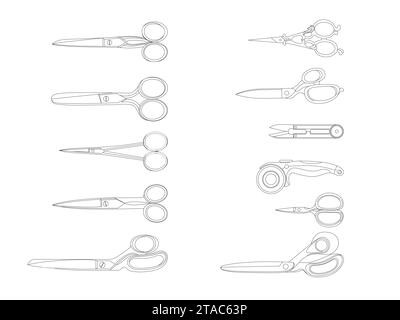 Vector set of different flat black scissors isolated on the white background Stock Vector