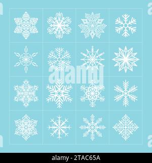 Set of White Delicate Snowflakes. Vector Snowflakes on blue background. Stock Vector