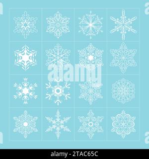 Set of White Delicate Snowflakes. Vector Snowflakes on blue background. Stock Vector