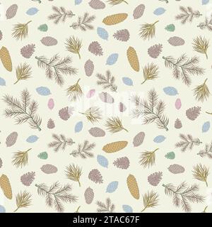 Seamless christmas pattern. Vintage drawing spruce branches and cones. Christmas tree. Stock Vector