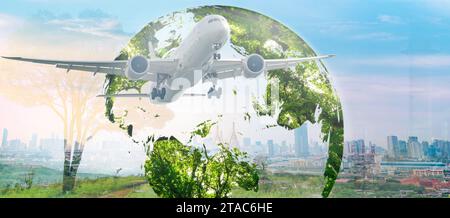 Sustainable aviation fuel concept. Net zero emissions flight. Sustainability transportation. Eco-friendly aviation fuel. Air travel. Future of flight Stock Photo