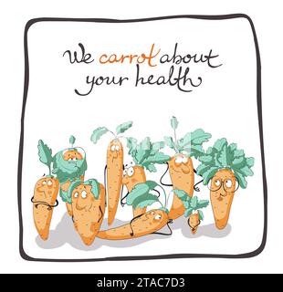 Group of funny cartoon carrots, motivational card, vector illustration Stock Vector