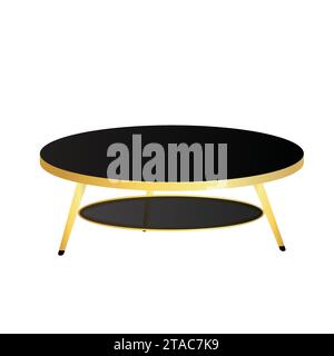 Round coffee table on white Background. Vector illustration in trendy flat style. Living room furniture. Black and golden cafe table. low round table. Stock Vector