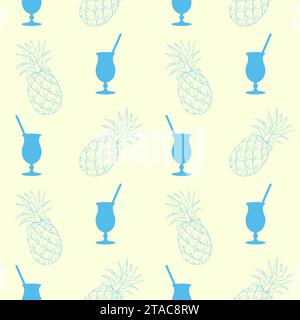 Pattern with blue cocktail and contour hand drawn pineapple, pastel yellow background. . Vector illustration Stock Vector