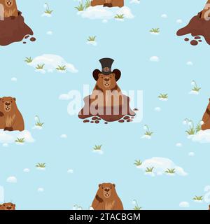 Seamless pattern with groundhogs peeking out of hole on blue background with snow and snowdrops. Vector illustration. Holiday design, decor, packaging Stock Vector