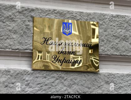 Kyiv, Ukraine - July 25, 2020: A sign with an inscription in the Ukrainian language 'National Bank of Ukraine' on the main building of the National Ba Stock Photo