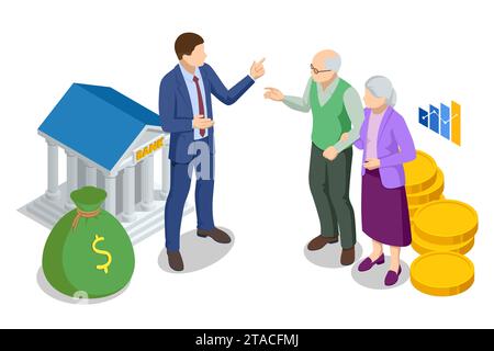 Isometric Retirement savings concept. Financial independence idea. Economy and wealth. Grandparents saved up money for comfortable old age. Economics Stock Vector
