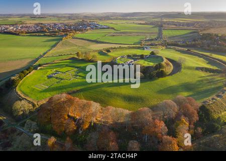 Aerial vista of Old Sarum, Salisbury, Wiltshire, England. Autumn (November) 2021. Stock Photo