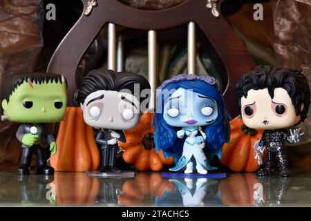 Funko Pop action figures of horror characters Frankenstein's monster, Edward Scissorhands, Emily and Victor from Corpse Bride. Halloween  decorations. Stock Photo