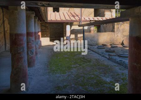 Villa Regina, Boscoreale: Entrance, Colonnades, Winery (Interior). 1 BC - 1 AD Ancient Roman Architecture. Pompeii Archaeological Park. Stock Photo