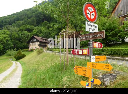 Vaduz, Liechtenstein - June 02, 2017: Signs on the road near Gutenberg Castle in Vaduz, Liechtenstein. Stock Photo