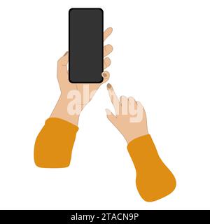 Hands holding Smartphone and point at phone. Mobile phone Mockup vector with blank screen. Flat or Cartoon illustration isolated on white. Realistic H Stock Vector