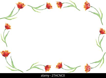 Template for frame with red tulips and green leaves. Hand drawn watercolor illustration with colorful spring flowers for greeting cards or invitations Stock Photo