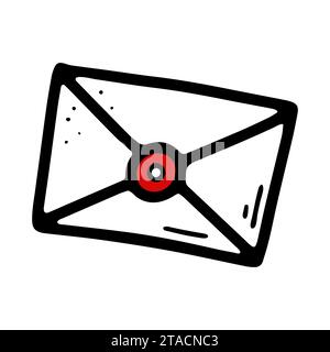 Doodle mailing envelope with red stamp. Hand-drawn letter icon isolated on white background. Greeting card image.Sign of communication, message, mail, Stock Vector
