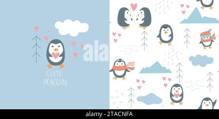 Cute penguins of Antarctica seamless pattern. Funny baby characters background and postcard. Hand drawn northern birds among the ice floes Stock Vector
