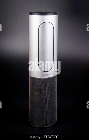 logitech Connect bluetooth meeting conference speaker isolated on black background Stock Photo