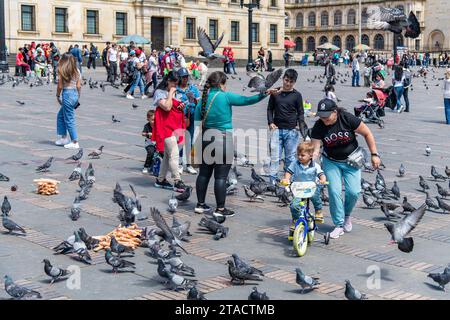 People feeding pigeons at Plaza de Bolívar in Bogotá, Colombia Stock Photo