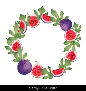 Fruit round fig wreath or frame.Botanical wreath of fresh ripe purple fig fruits and slices, leaves.Watercolor and marker illustration.Suitable for ca Stock Photo