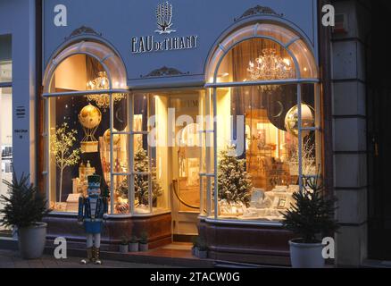 Eau de Tihany cosmetics store, specialising in lavender-based products, Christmas season, , Vaci Street. Budapest, Hungary Stock Photo