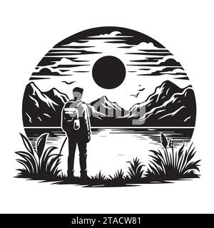 A man stands in front of a pond, and Around the pond mountain view Stock Vector