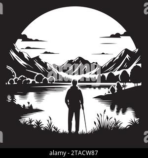 A man stands in front of a pond, and Around the pond mountain view Stock Vector