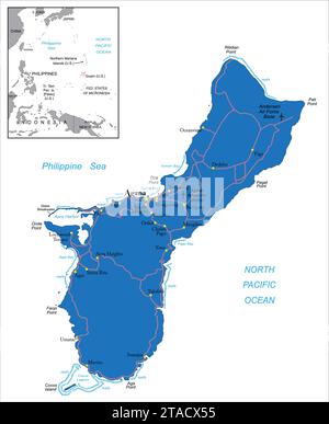 Highly detailed political vector map of Guam island with administrative regions and main cities. Stock Vector