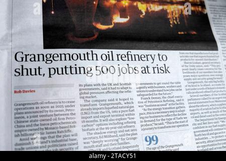 'Grangemouth oil refinery to shut, putting 500 jobs at risk' Guardian newspaper headline Petroineos Refining article 23 November 2023 London UK Stock Photo