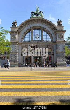 Lucerne, Switzerland -  June 04, 2017: The arch in front of the entrance to the Lucerne railway station. This arch was once the main portal of the old Stock Photo