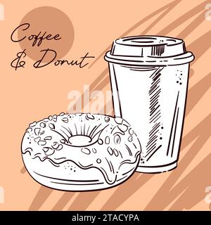 Sketch hand drawn vector illustration of takeaway disposable Coffee paper cup with Donut. Isolated on beige background. For menus, design, flyers, adv Stock Vector