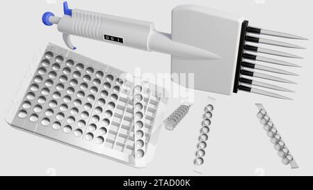 close up enzyme-linked immunosorbent assay (ELISA) kits removeable plate strips, reagents, ultrasensitive biomarker detection and 8 channel micropipet Stock Photo