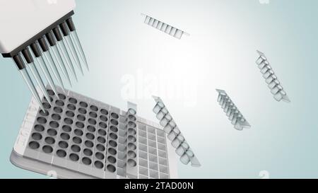 close up enzyme-linked immunosorbent assay (ELISA) kits removeable plate strips, reagents, ultrasensitive biomarker detection and 8 channel micropipet Stock Photo