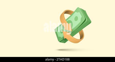 Arrow twisted around dollar bills. 3D cartoon bundle cash money. Cashback and refund.  Currency exchange. Transfer paper banknote. Saving dollars. Vec Stock Vector