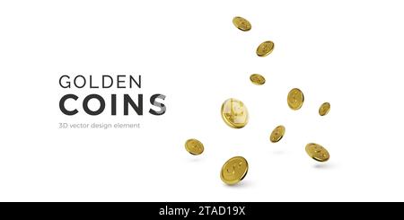 Gold Coins 3D. Falling golden money with dollar sign. Shiny metal coins. Realistic cartoon casino jackpot win. Vector illustration isolated on white b Stock Vector