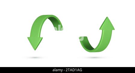 3D curved arrow. Realistic green arrow up and down icons. Vector illustration isolated on white background Stock Vector