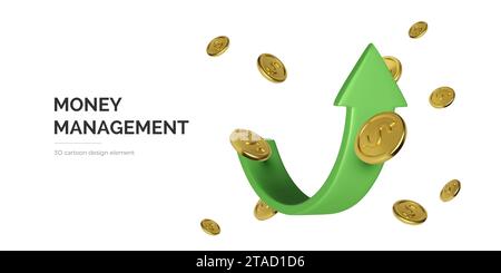 3D arrow up and gold coins. Money management and increase profit. Stock market graphic. Growth capital. Vector illustration Stock Vector