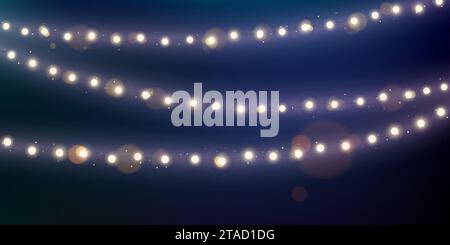 Christmas lights in dark night sky. Holiday decoration. Vector illustration Stock Vector